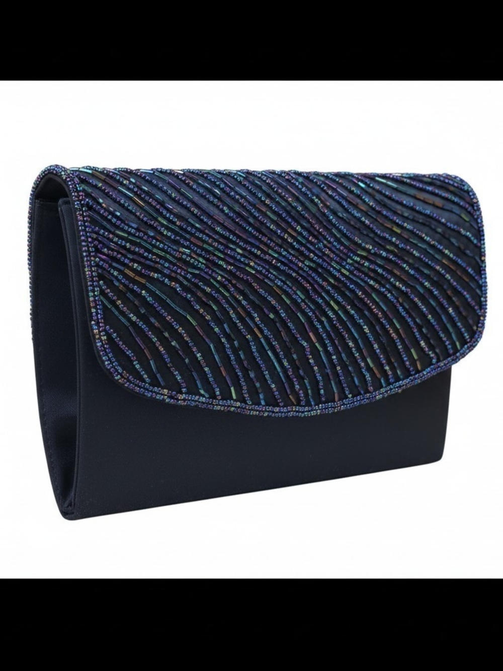 Sasha New York Vintage Beaded Evening Clutch Bag Handbag Satin Black Flap